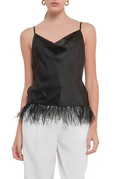 Endless Rose Feather Hem Satin Camisole In Black
