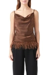 Endless Rose Women's Satin Cowl Neck Top With Feather In Chocolate