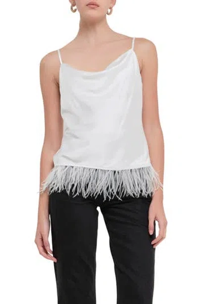 Endless Rose Feather Hem Satin Camisole In White