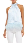 Endless Rose Feather Trim Satin Halter Top In Ocean Blue