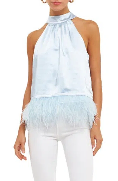 Endless Rose Feather Trim Satin Halter Top In Ocean Blue