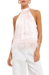 Endless Rose Feather Trim Satin Halter Top In Pastel Pink