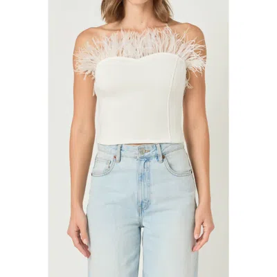 Endless Rose Feather Trim Strapless Top In White