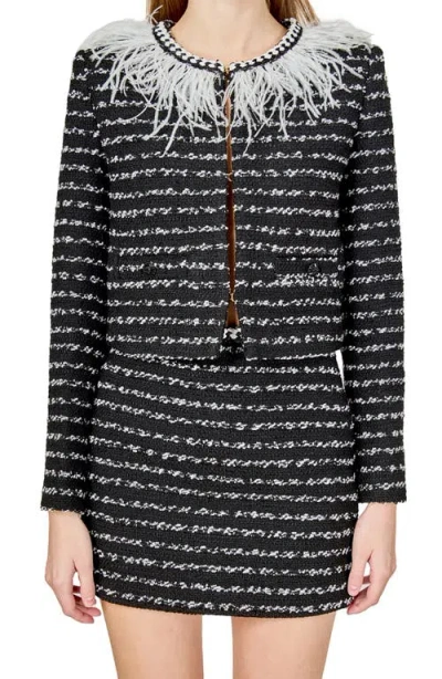 Endless Rose Feather Trim Tweed Jacket In Animal Print