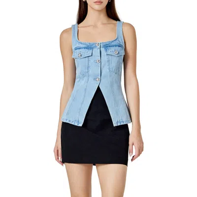 Endless Rose Fitted Denim Cutaway Vest In Blue