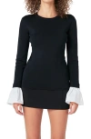Endless Rose Flare Cuff Long Sleeve Ribbed Top In Black