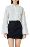 Endless Rose Flare Sleeve Cotton Crop Button-up Shirt In White