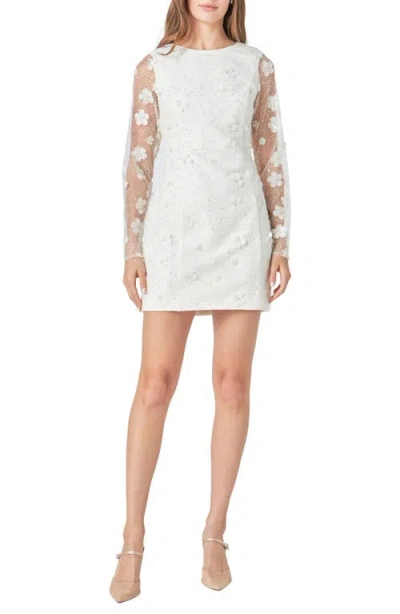 Endless Rose Floral Appliqué Beaded Long Sleeve Minidress In Cream