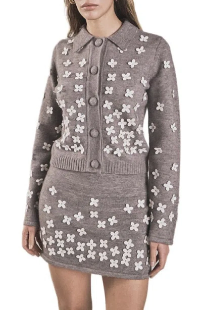 Endless Rose Floral Appliqué Cardigan In Gray