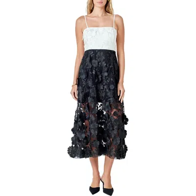 Endless Rose Floral Appliqué Colorblock Midi Dress In Black