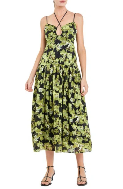 Endless Rose Floral Cutout Chiffon Midi Sundress In Black/ Green