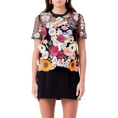 Endless Rose Floral Embroidered Appliqué Organza Top In Black