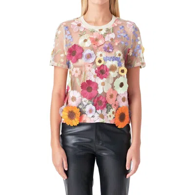 Endless Rose Floral Embroidered Appliqué Organza Top In Light Beige
