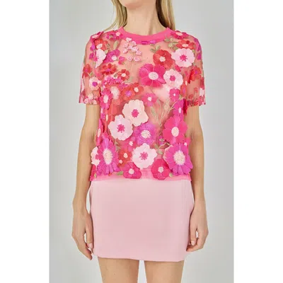 Endless Rose Floral Embroidered Appliqué Organza Top In Pink