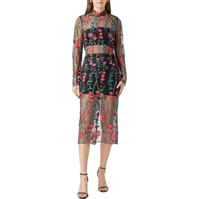 Endless Rose Floral Embroidered Long Sleeve Midi Dress In Red Multi