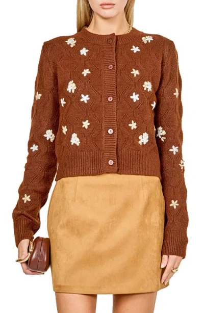 Endless Rose Floral Embroidered Pointelle Cardigan In Brown