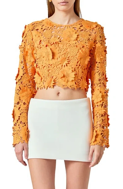 Endless Rose Floral Lace Long Sleeve Crop Top In Orange