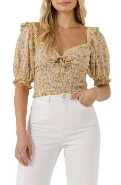 Endless Rose Floral Lace Smocked Top In Brown