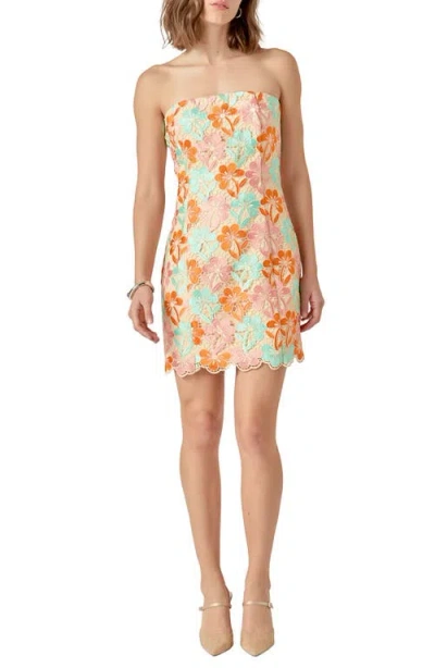 Endless Rose Floral Lace Strapless Minidress In Orange Multi Color