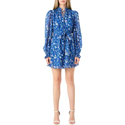 Endless Rose Floral Long Sleeve Chiffon Minidress In Blue