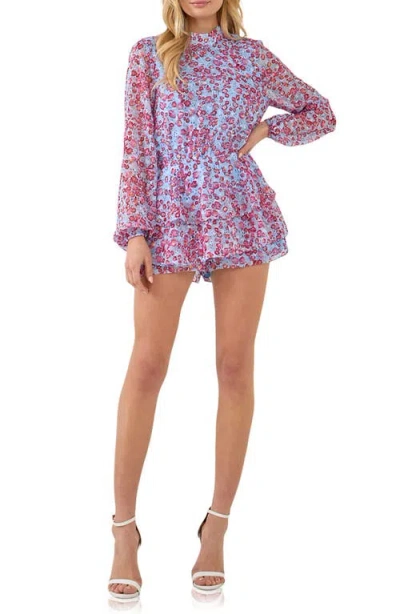 Endless Rose Floral Long Sleeve Romper In Blue/pink