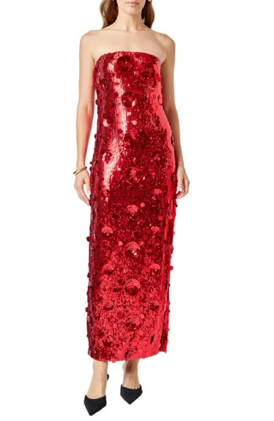 Endless Rose Floral Paillette & Sequin Strapless Maxi Dress In Red