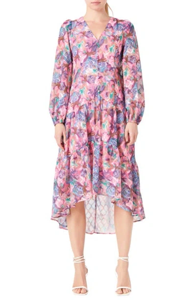 Endless Rose Floral Print Long Sleeve High-low Dress In Pink Multi