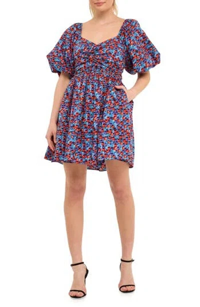Endless Rose Floral Print Ruched Puff Sleeve Cotton Poplin Babydoll Dress In Multi
