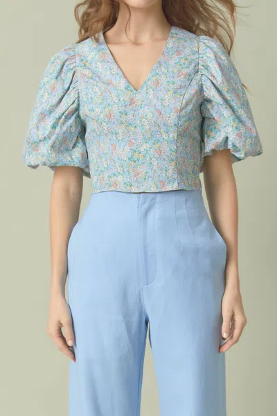 Endless Rose Floral Puff Sleeve Cropped Top In Blue Multi