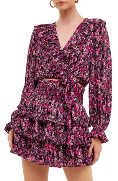 Endless Rose Floral Ruffle Wrap Crop Top In Burgundy