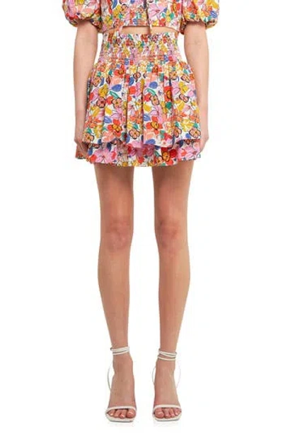 Endless Rose Floral Smocked Cotton Miniskirt In Multi