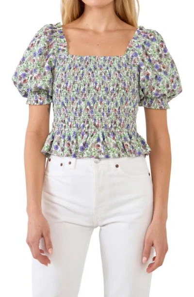 Endless Rose Floral Smocked Puff Sleeve Top In Ivory/purple