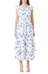 Endless Rose Floral Tiered Belted Maxi Dress In White/ Blue