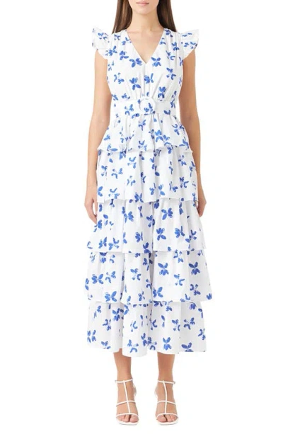 Endless Rose Floral Tiered Belted Maxi Dress In White/ Blue
