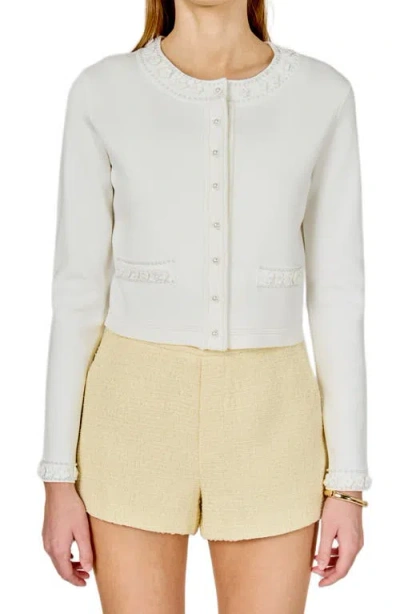 Endless Rose Flower & Bead Trim Cardigan In White