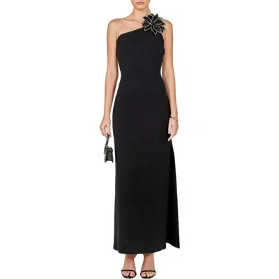 Endless Rose Flower One-shoulder Knit Maxi Dress In Black