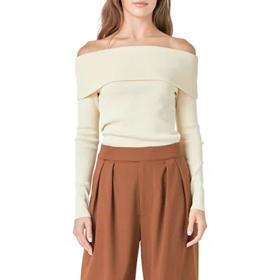Endless Rose Folded Off The Shoulder Rib Top In Beige