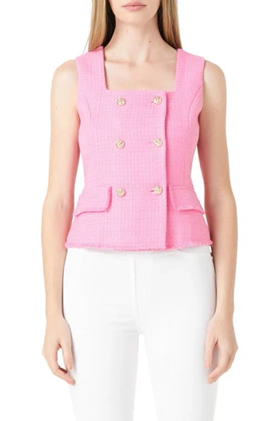 Endless Rose Fringe Double Breasted Sleeveless Tweed Top In Pink