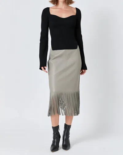 Endless Rose Fringe Faux Leather Midi Skirt In Taupe In Gray