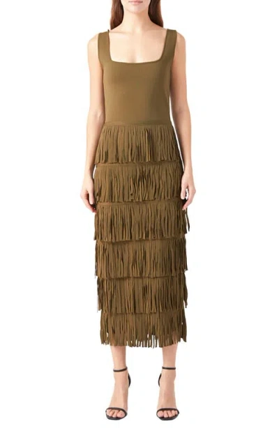 Endless Rose Fringe Midi Sweater Dress In Olive