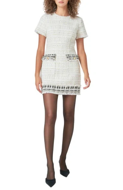 Endless Rose Fringe Tweed Minidress In Ivory Multi