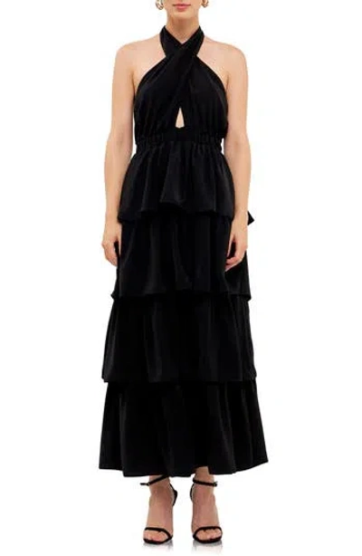 Endless Rose Halter Neck Tiered Maxi Dress In Black