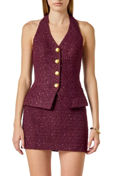 Endless Rose Halter Tweed Button Vest In Burgundy