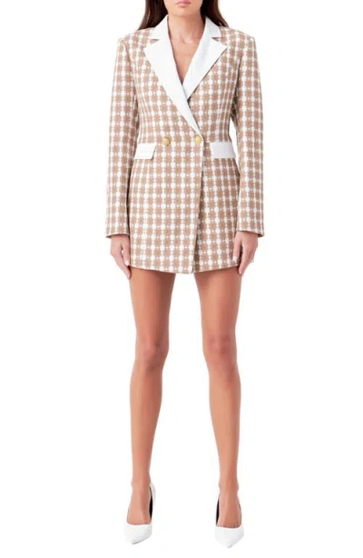 Endless Rose Women's Houndstooth Blazer Romper In Beige Gold