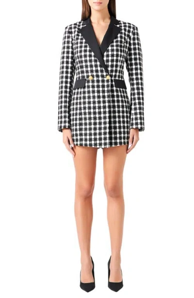 Endless Rose Houndstooth Double Breasted Long Sleeve Blazer Romper In Black/white