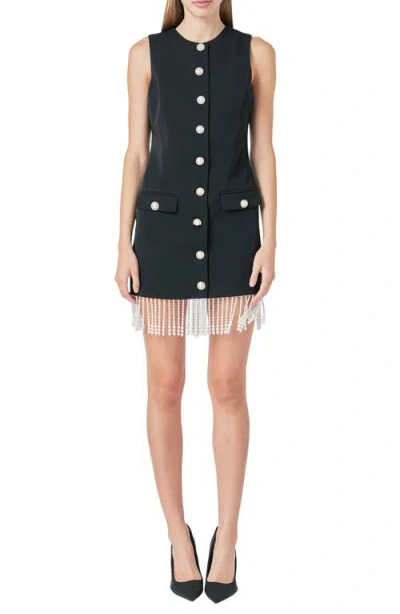 Endless Rose Imitation Pearl Beaded Fringe Button Front Minidress In Black