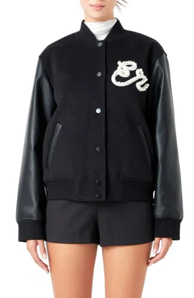 Endless Rose Imitation Pearl Detail Bomber Jacket In Black