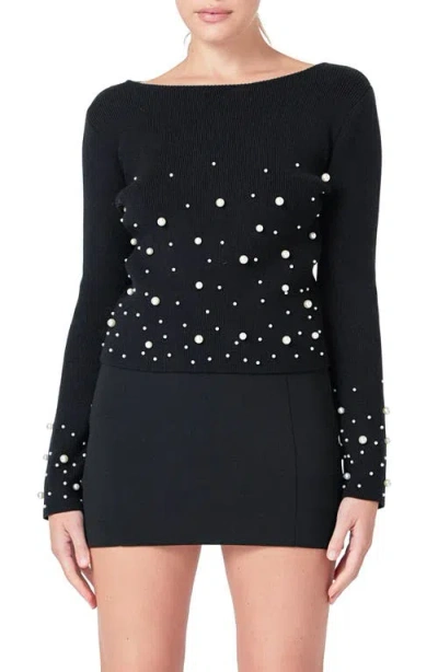 Endless Rose Imitation Pearl Embellished Sweater In Black