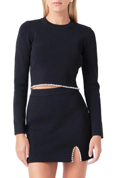 Endless Rose Imitation Pearl Trim Rib Crop Sweater In Black