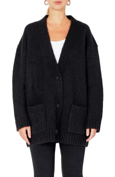 Endless Rose Jewel Button Oversize Cardigan In Jet Black